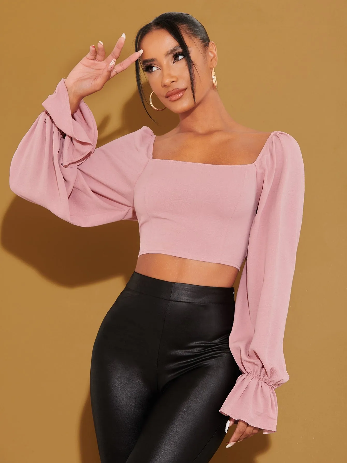 Sexy Plain Backless Long Sleeve Square Neck Crop Blouse