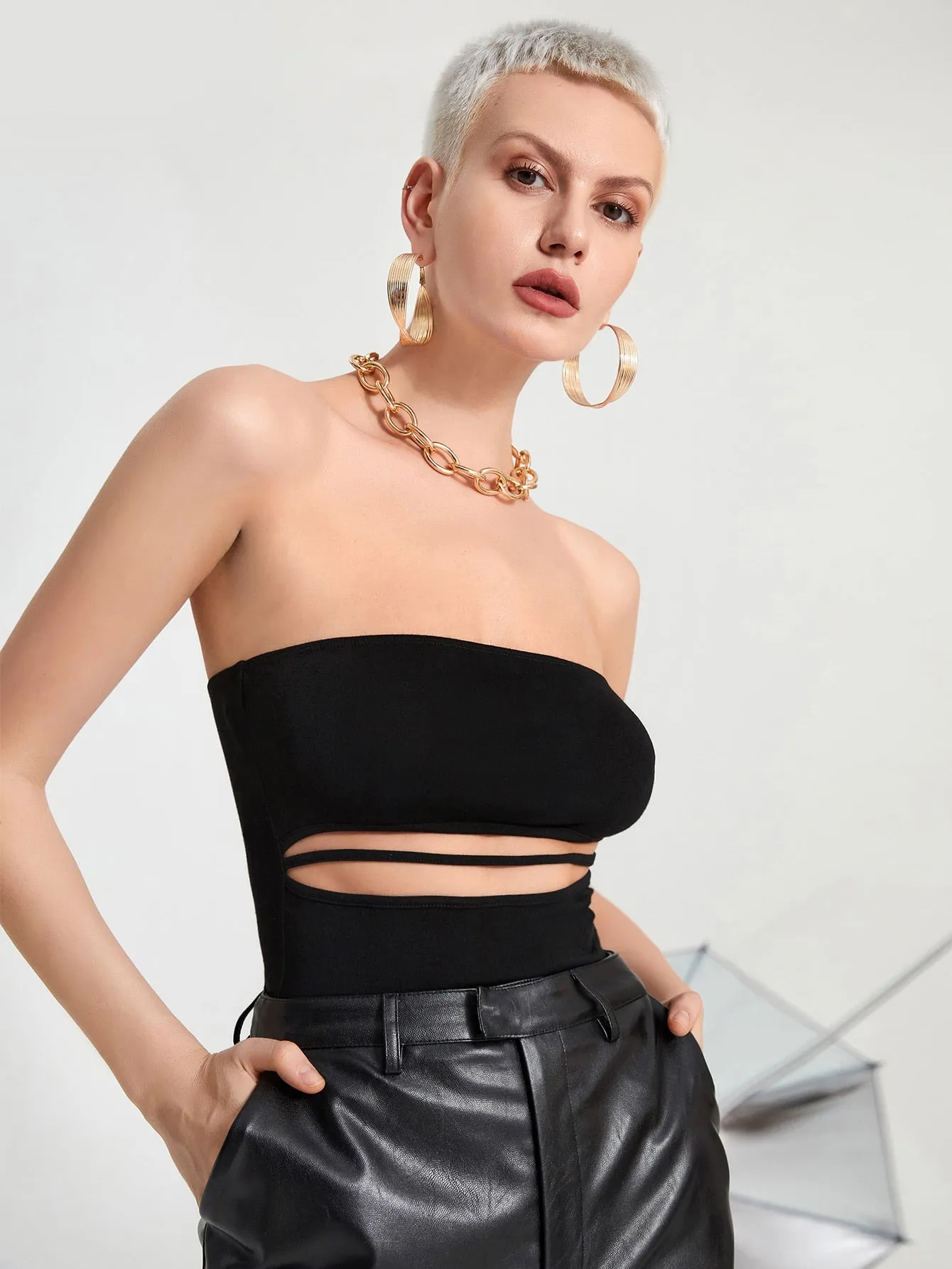 Sexy Plain Cut Out Sleeveless Strapless Crop Women Top