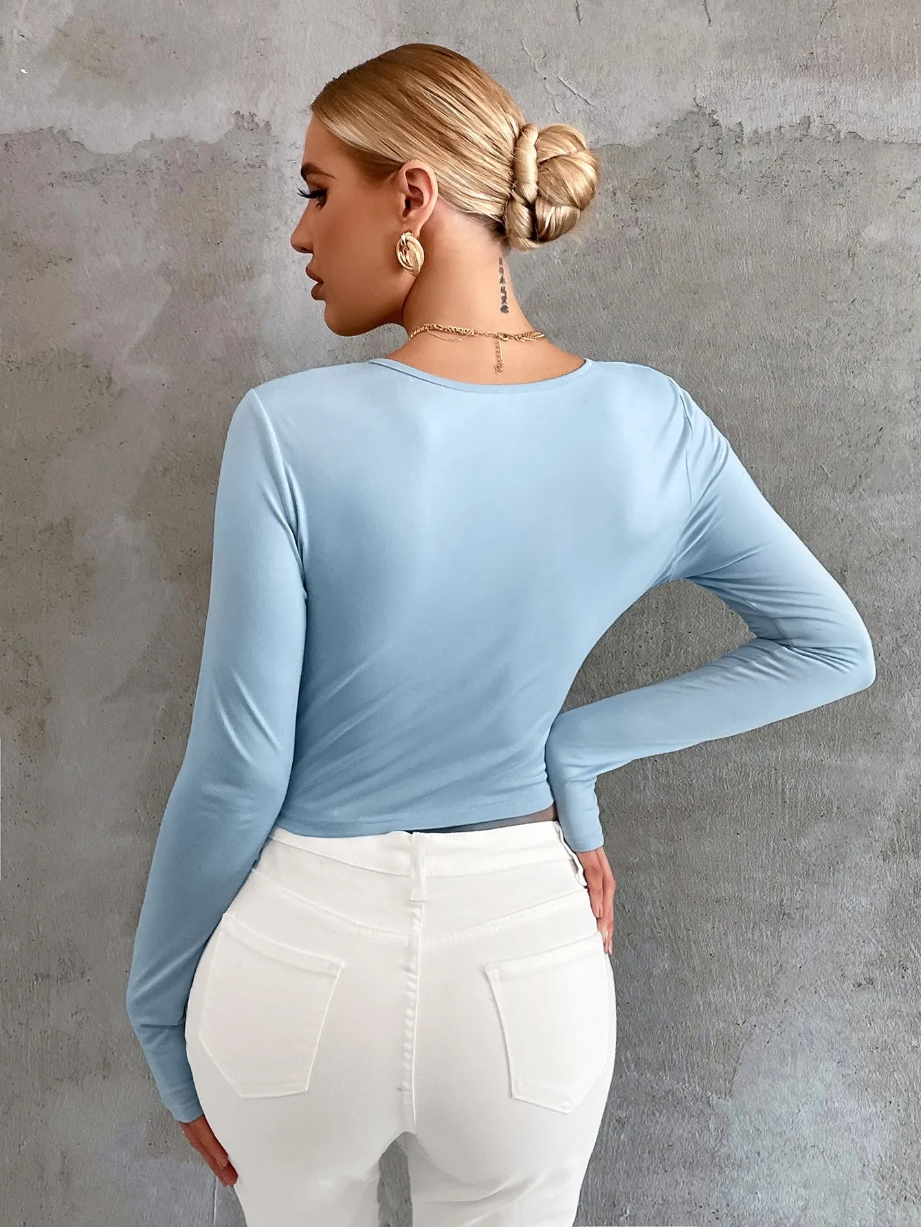 Sexy Plain Knot Long Sleeve V Neck Crop Women Top
