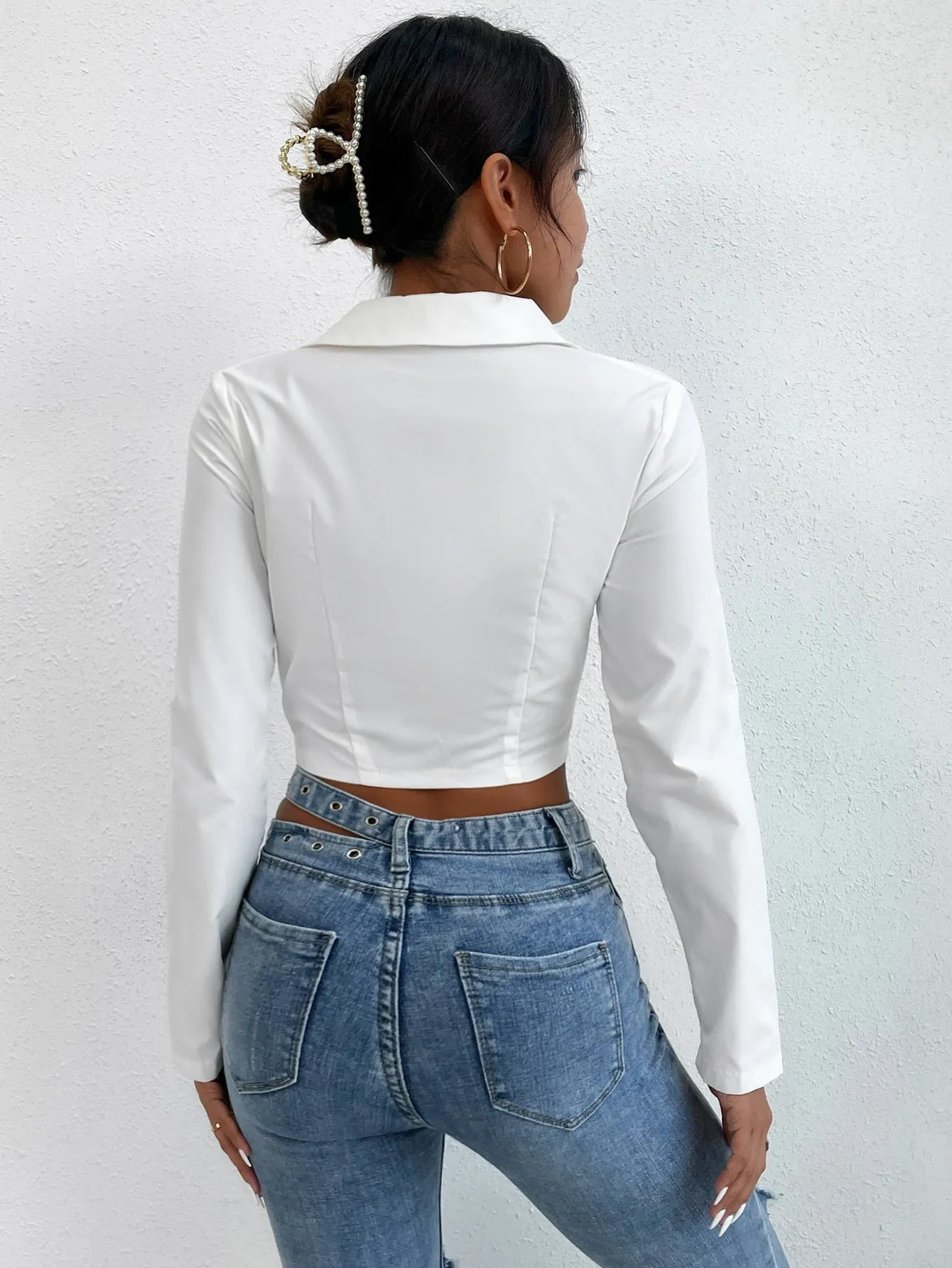 Sexy Plain Ruched Bust Long Sleeve Collar Crop Blouse