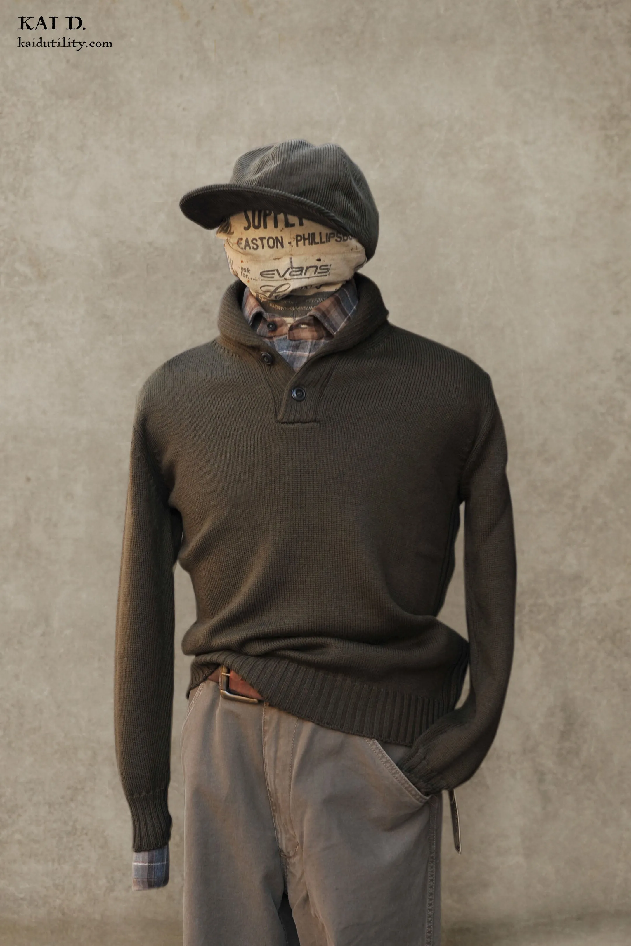 Shawl Collar Merino Wool Sweater - Olive Green - 3, 4, 5