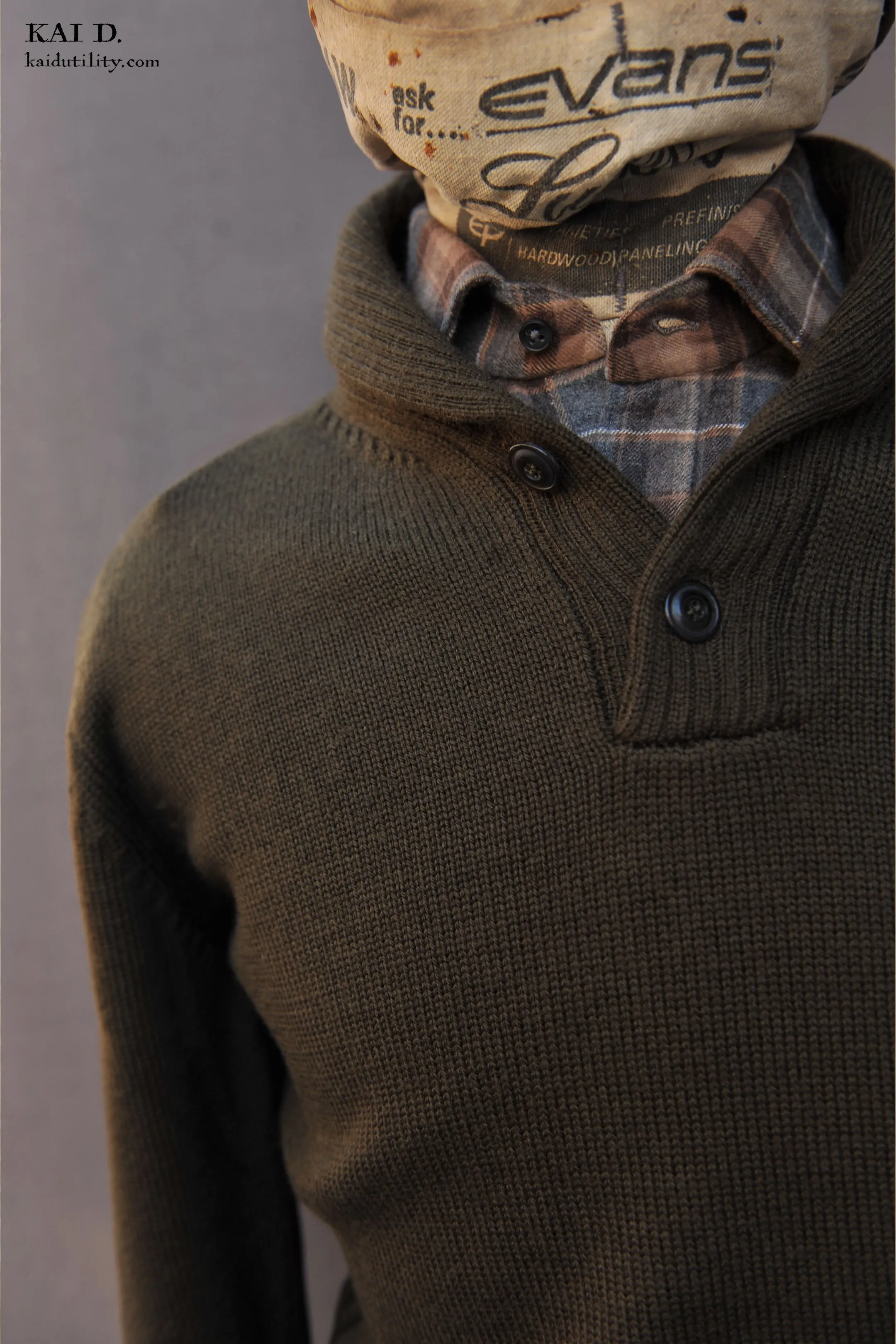 Shawl Collar Merino Wool Sweater - Olive Green - 3, 4, 5