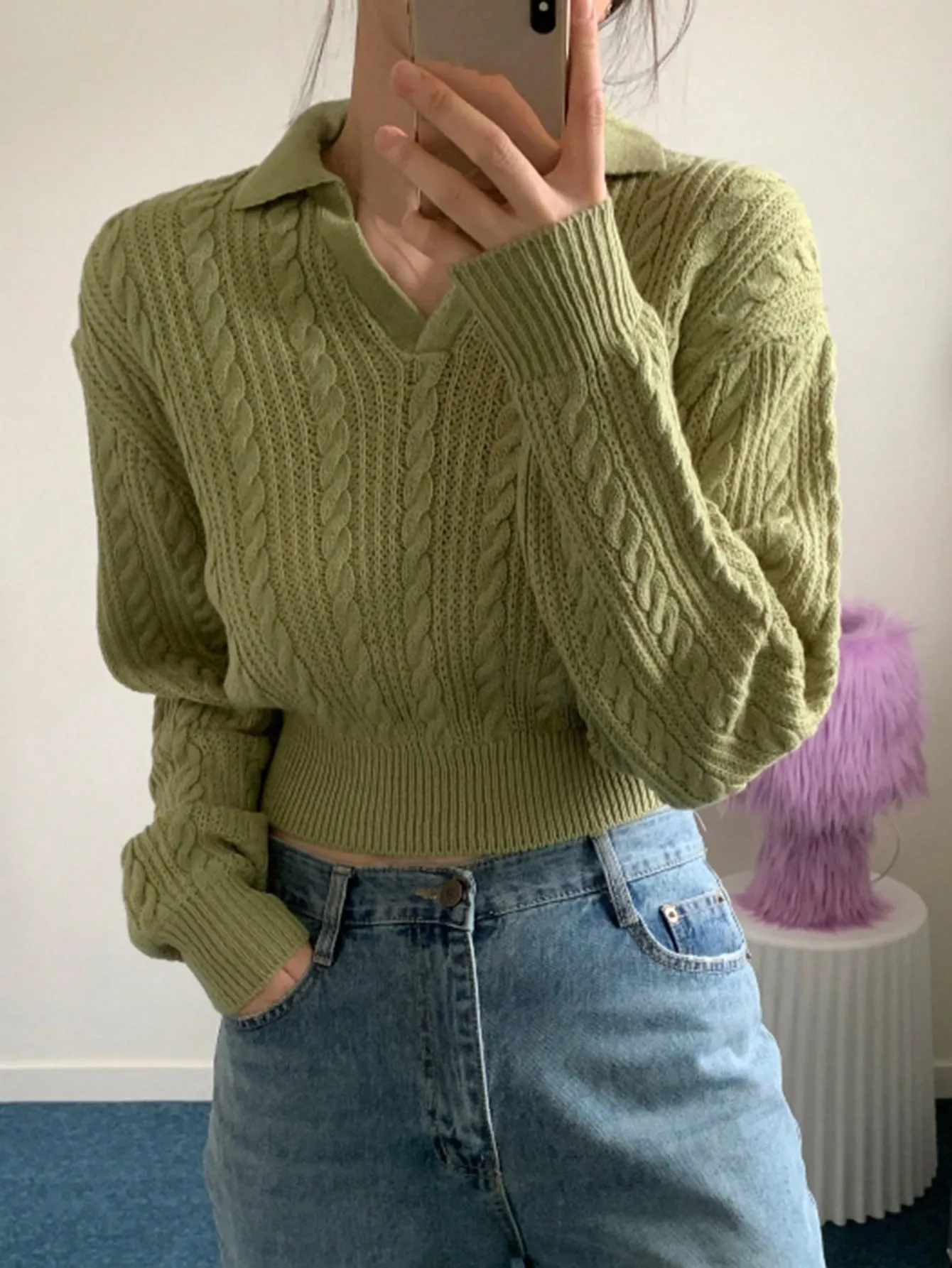 Shein DAZY Women's Solid Color Cable Knit Cropped Sweater, Autumn