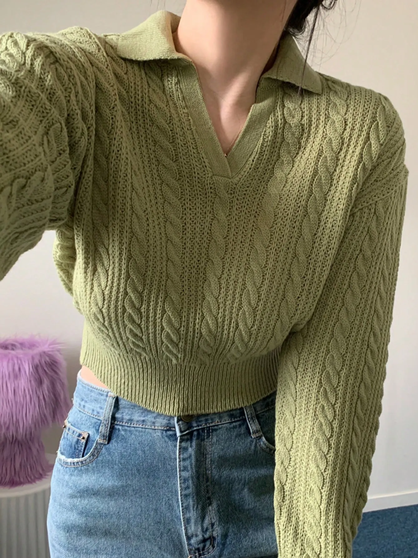 Shein DAZY Women's Solid Color Cable Knit Cropped Sweater, Autumn