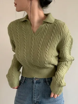 Shein DAZY Women's Solid Color Cable Knit Cropped Sweater, Autumn