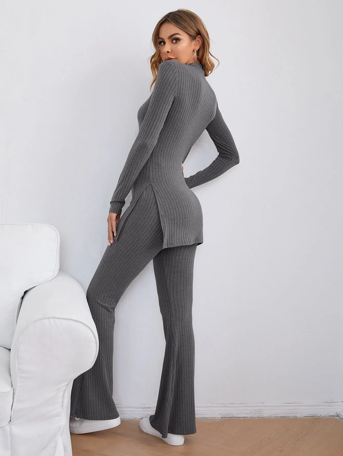 SHEIN Essnce Mock-neck Split Side Rib-knit Tee and Flare Leg Pants Set