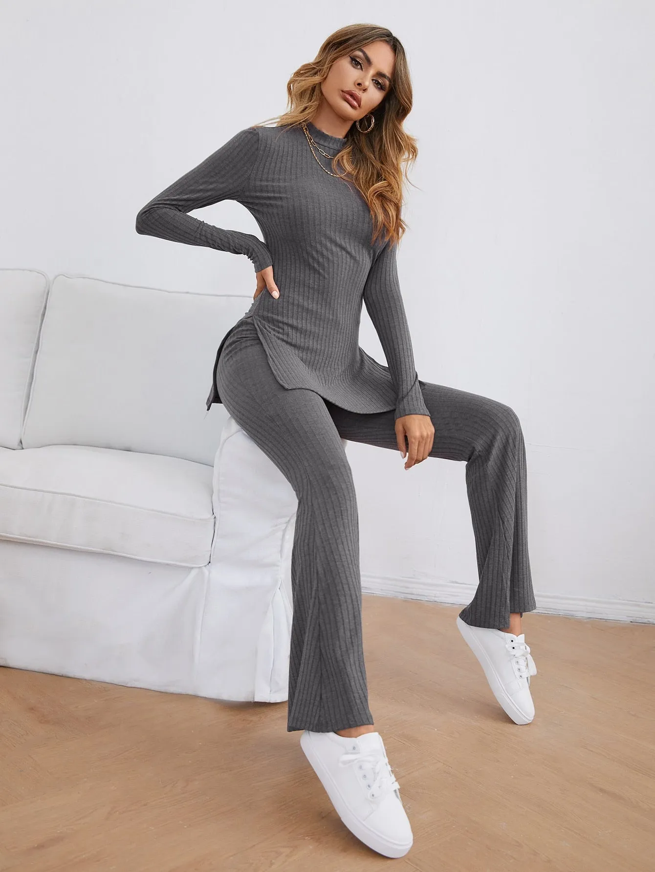 SHEIN Essnce Mock-neck Split Side Rib-knit Tee and Flare Leg Pants Set