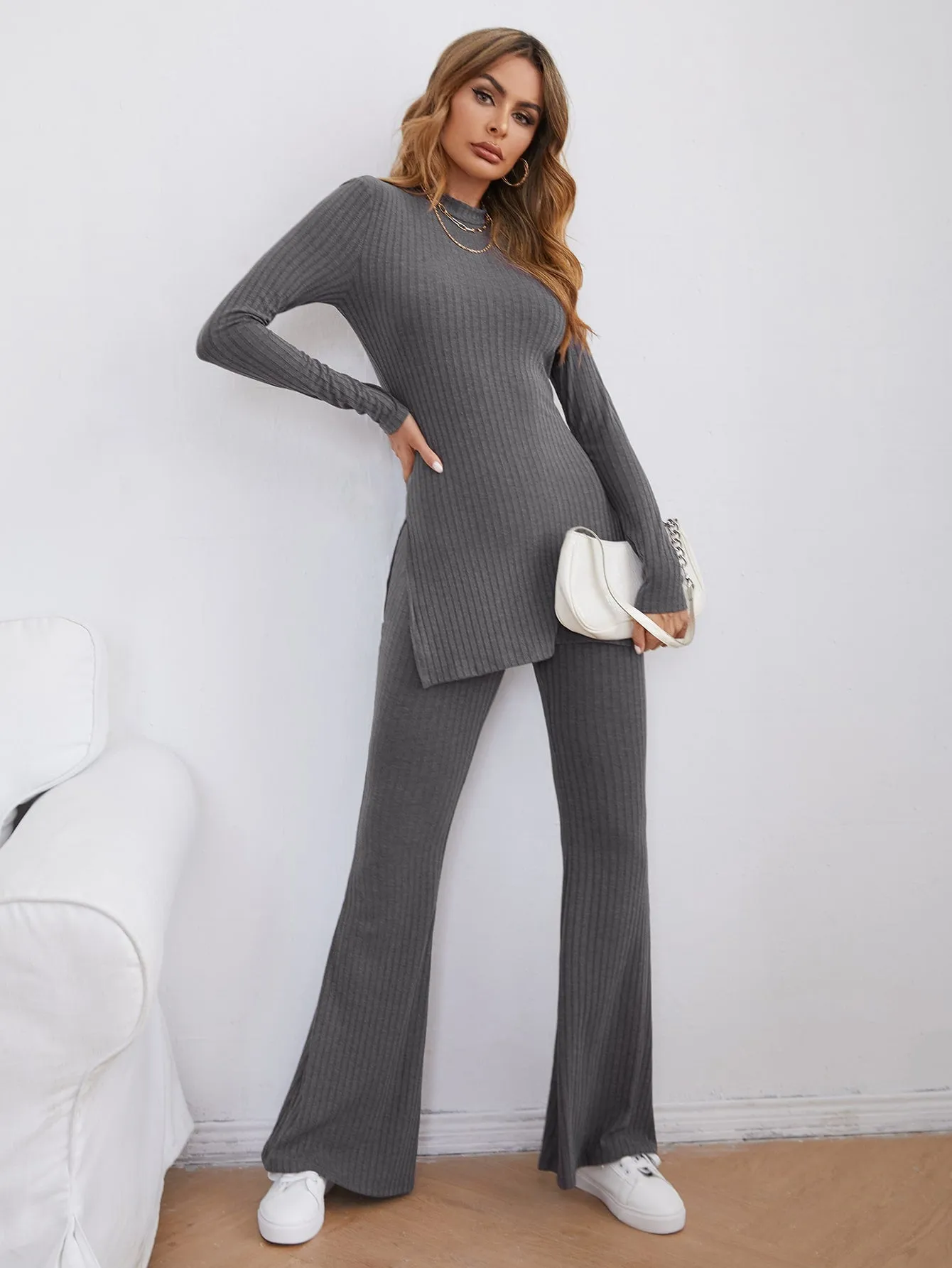 SHEIN Essnce Mock-neck Split Side Rib-knit Tee and Flare Leg Pants Set