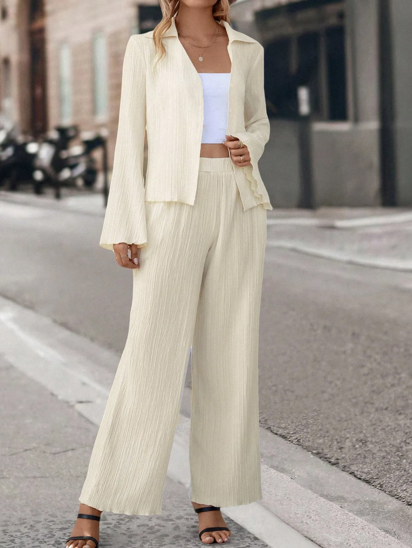 SHEIN Essnce Solid Button Front Shirt & Wide Leg Pants
