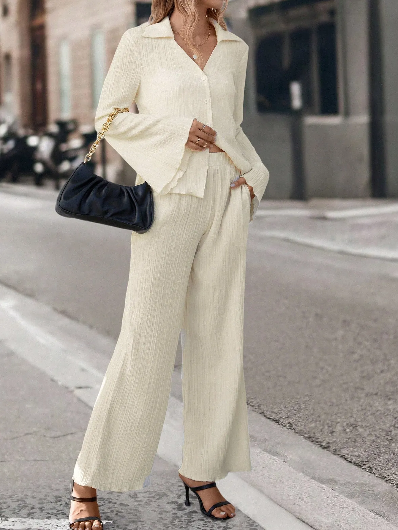SHEIN Essnce Solid Button Front Shirt & Wide Leg Pants