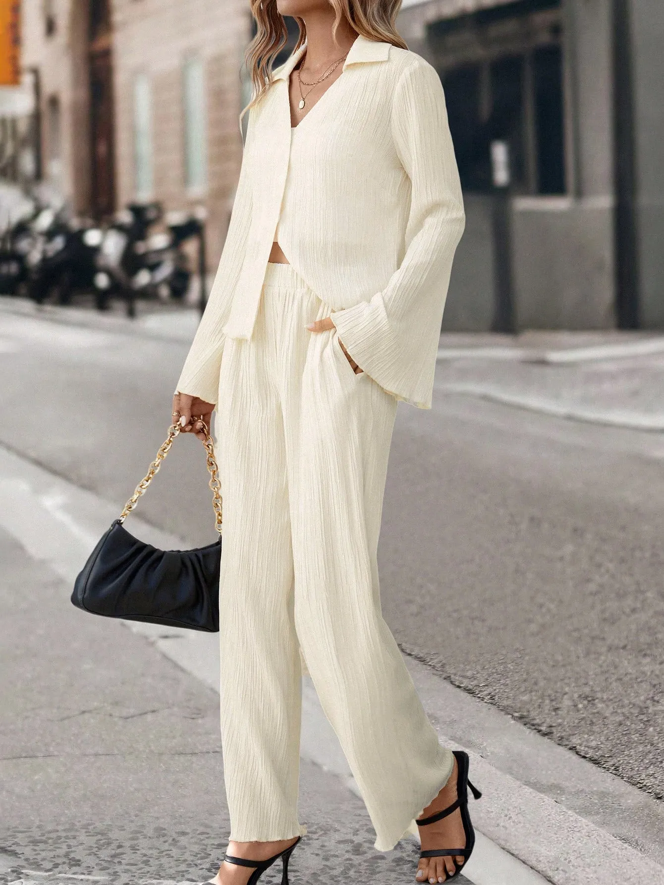 SHEIN Essnce Solid Button Front Shirt & Wide Leg Pants