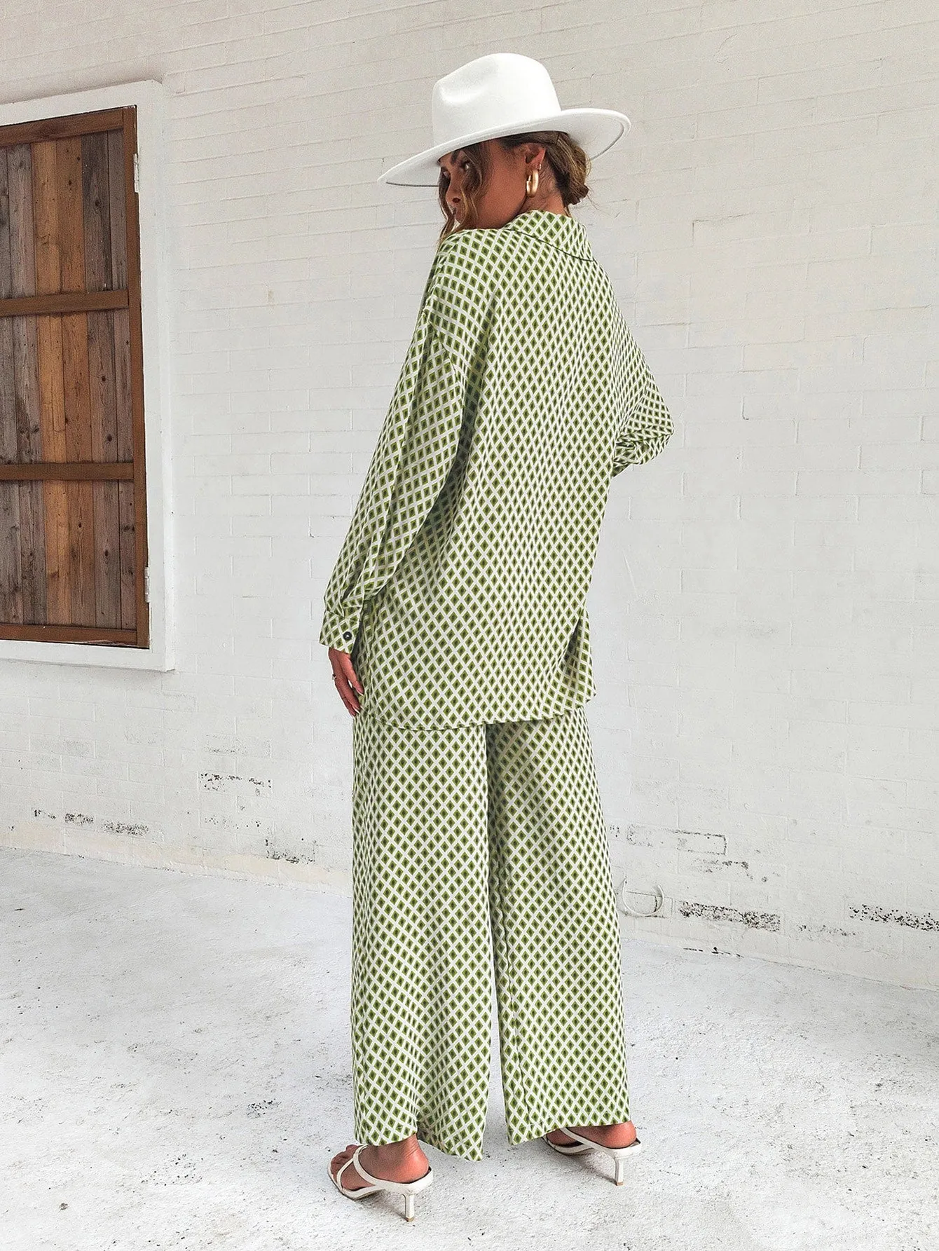 SHEIN Privé Argyle Print Drop Shoulder Blouse & Wide Leg Pants