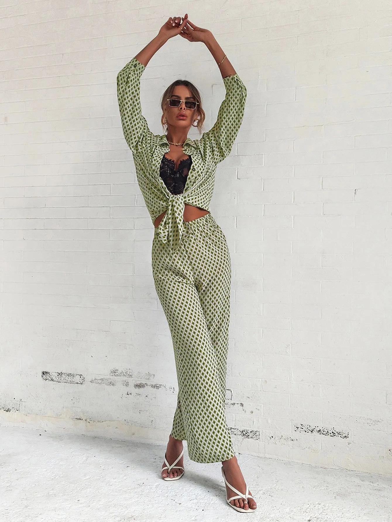 SHEIN Privé Argyle Print Drop Shoulder Blouse & Wide Leg Pants