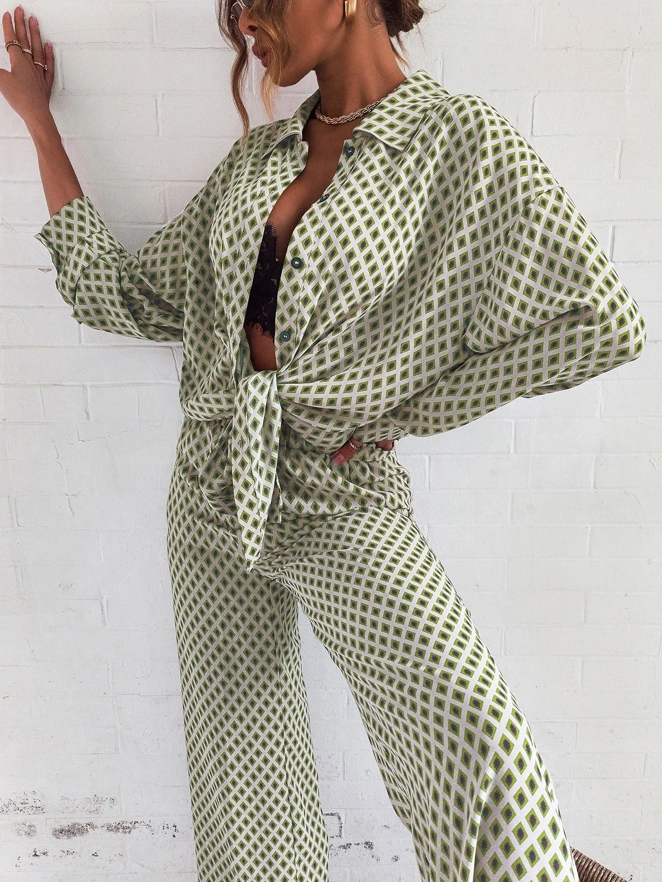 SHEIN Privé Argyle Print Drop Shoulder Blouse & Wide Leg Pants