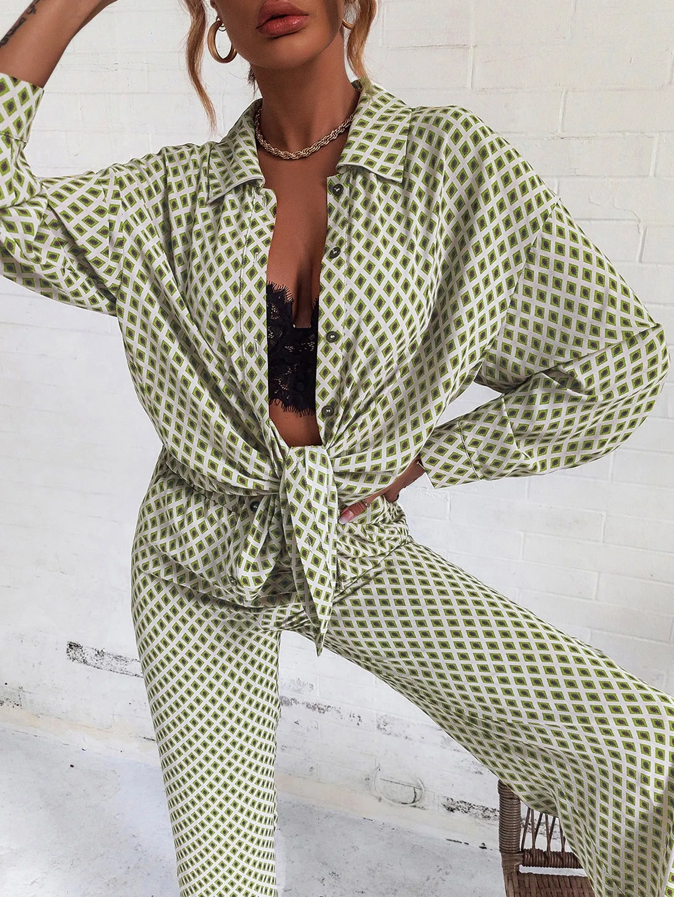 SHEIN Privé Argyle Print Drop Shoulder Blouse & Wide Leg Pants