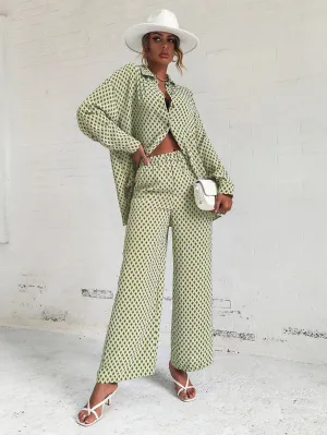 SHEIN Privé Argyle Print Drop Shoulder Blouse & Wide Leg Pants