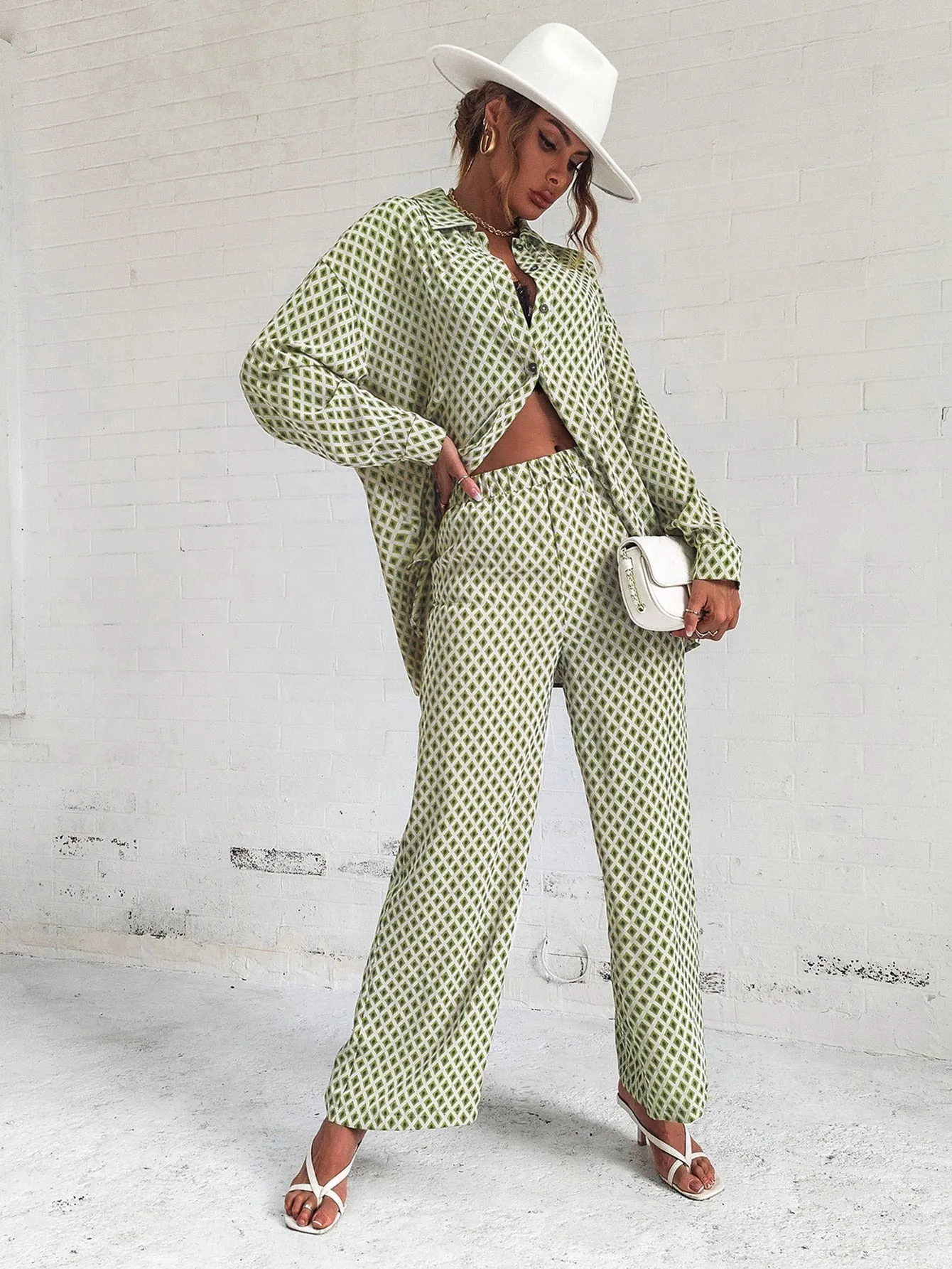 SHEIN Privé Argyle Print Drop Shoulder Blouse & Wide Leg Pants