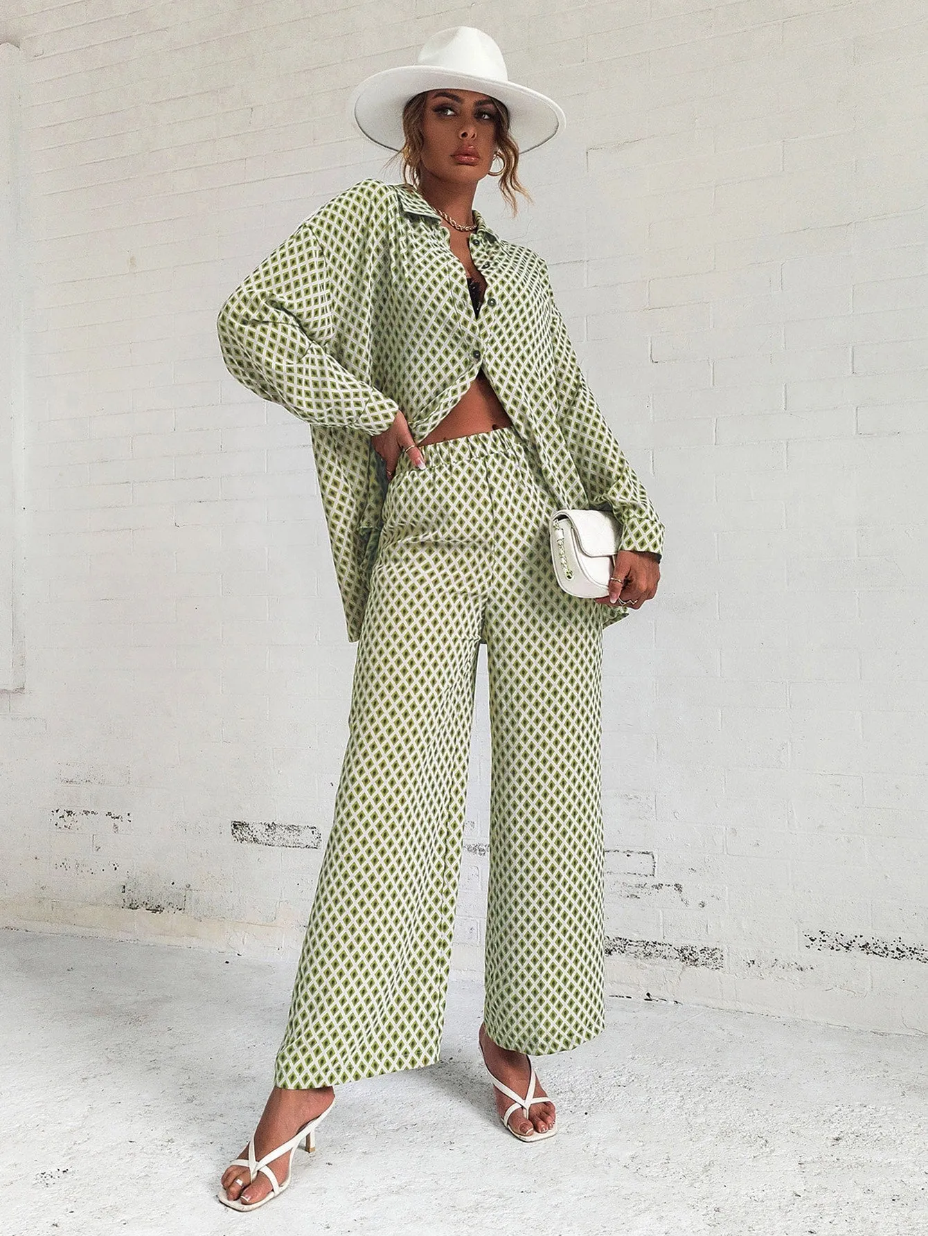 SHEIN Privé Argyle Print Drop Shoulder Blouse & Wide Leg Pants