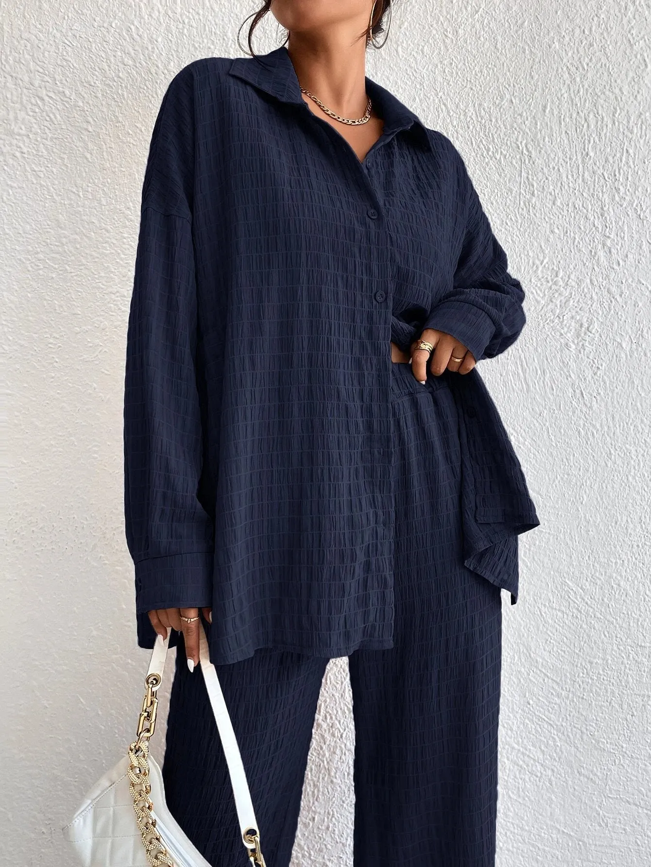SHEIN Solid Drop Shoulder Shirt & Wide Leg Pants