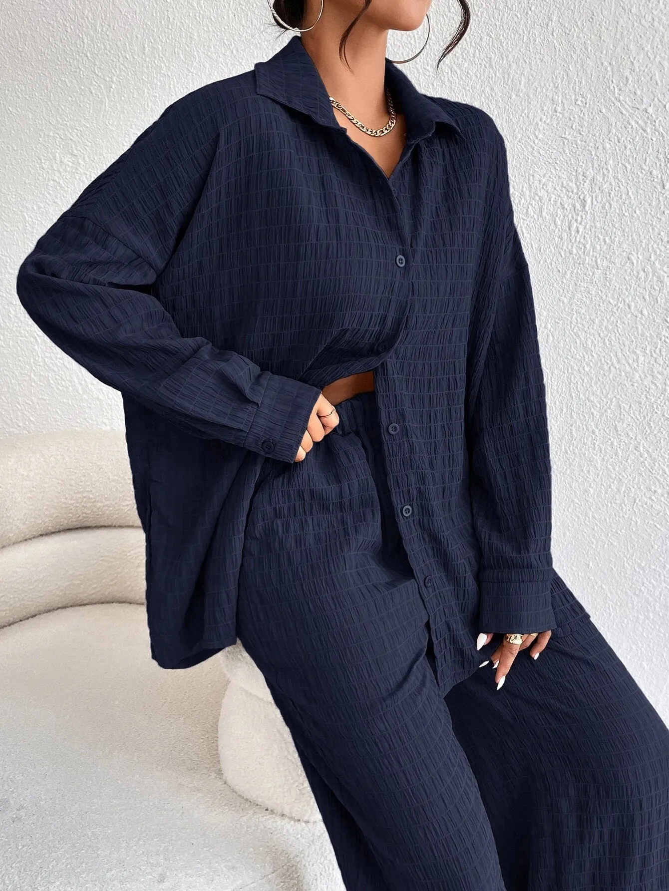 SHEIN Solid Drop Shoulder Shirt & Wide Leg Pants