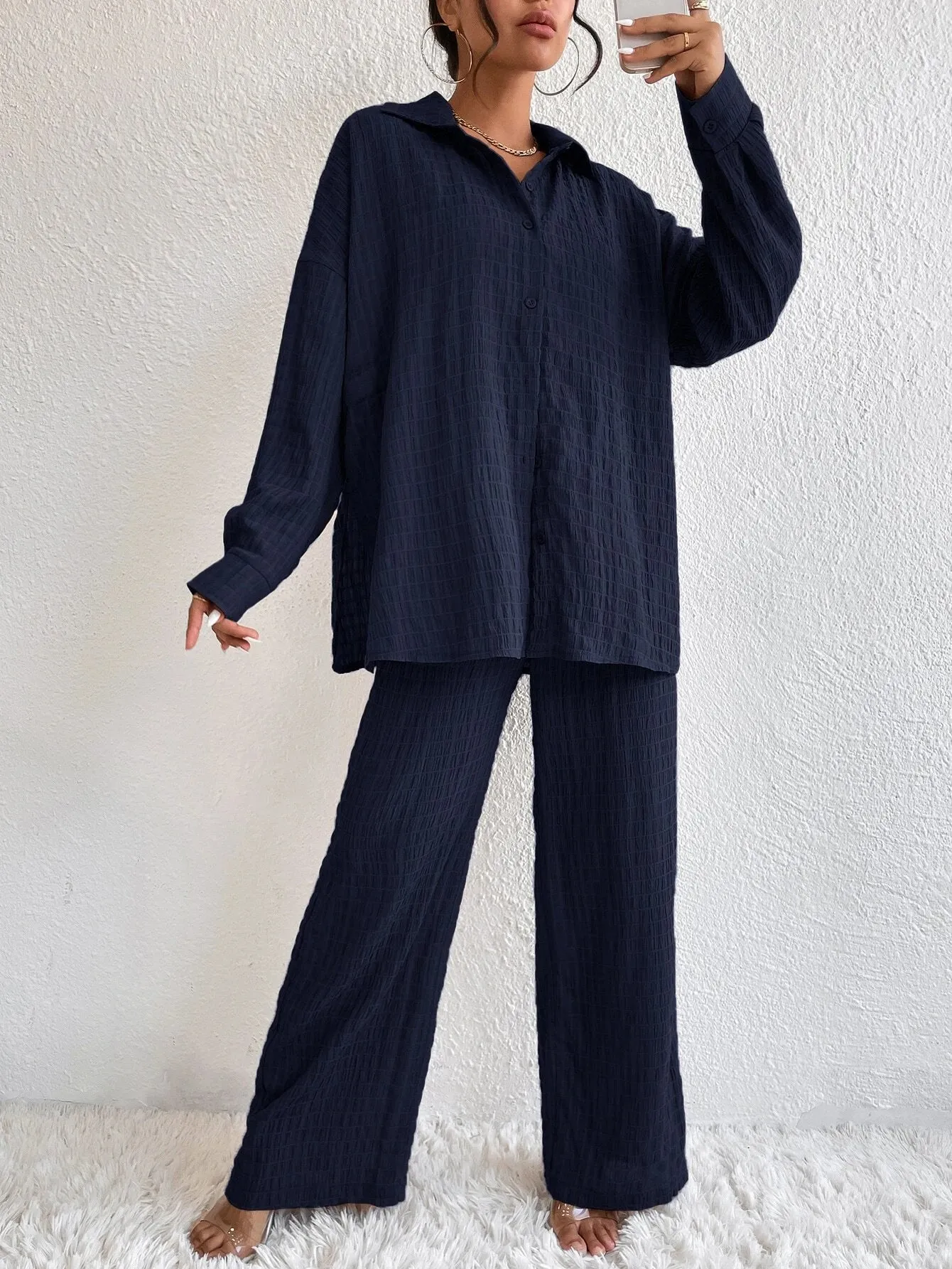 SHEIN Solid Drop Shoulder Shirt & Wide Leg Pants