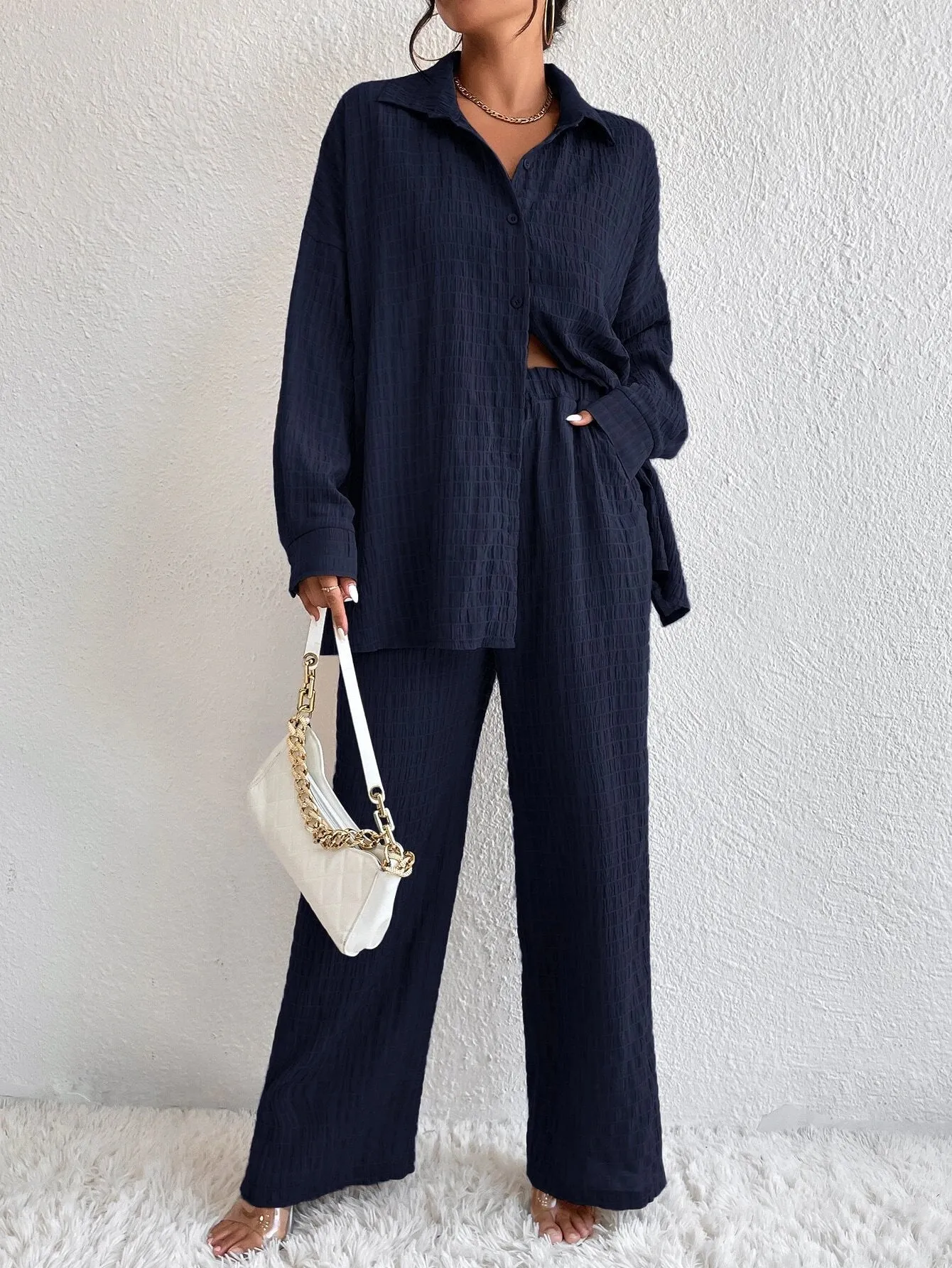 SHEIN Solid Drop Shoulder Shirt & Wide Leg Pants