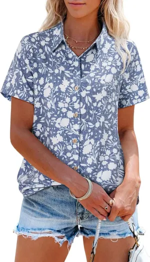 siliteelon Womens Button Down Shirts Short Sleeve Summer Linen V Neck Collared Hawaiian Floral Print Casual Blouse Tops