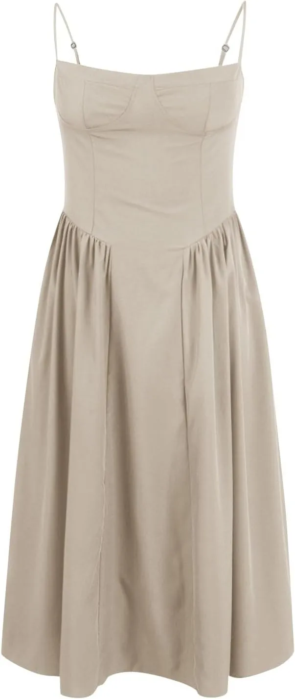 Sleeveless Corset Fit Midi Dress Women Sexy Elegant Spaghetti Strap Dress Flowy Pleated Hem Low Cut Milkmaid Dress