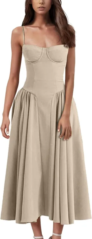 Sleeveless Corset Fit Midi Dress Women Sexy Elegant Spaghetti Strap Dress Flowy Pleated Hem Low Cut Milkmaid Dress
