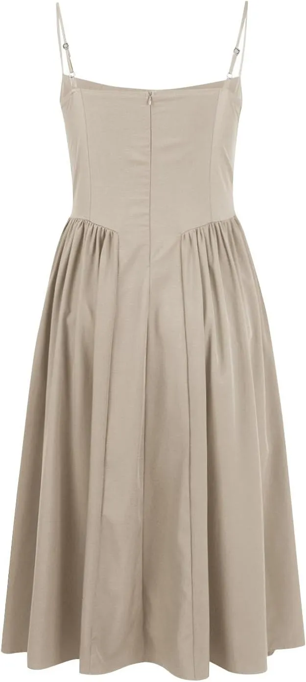Sleeveless Corset Fit Midi Dress Women Sexy Elegant Spaghetti Strap Dress Flowy Pleated Hem Low Cut Milkmaid Dress