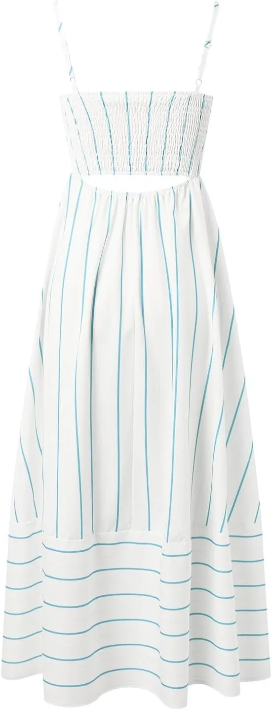 Smocked Maxi Dress for Women Striped Spaghetti Strap Smocked A-Line Long Dress Summer Cutout Swing Beach Sundress