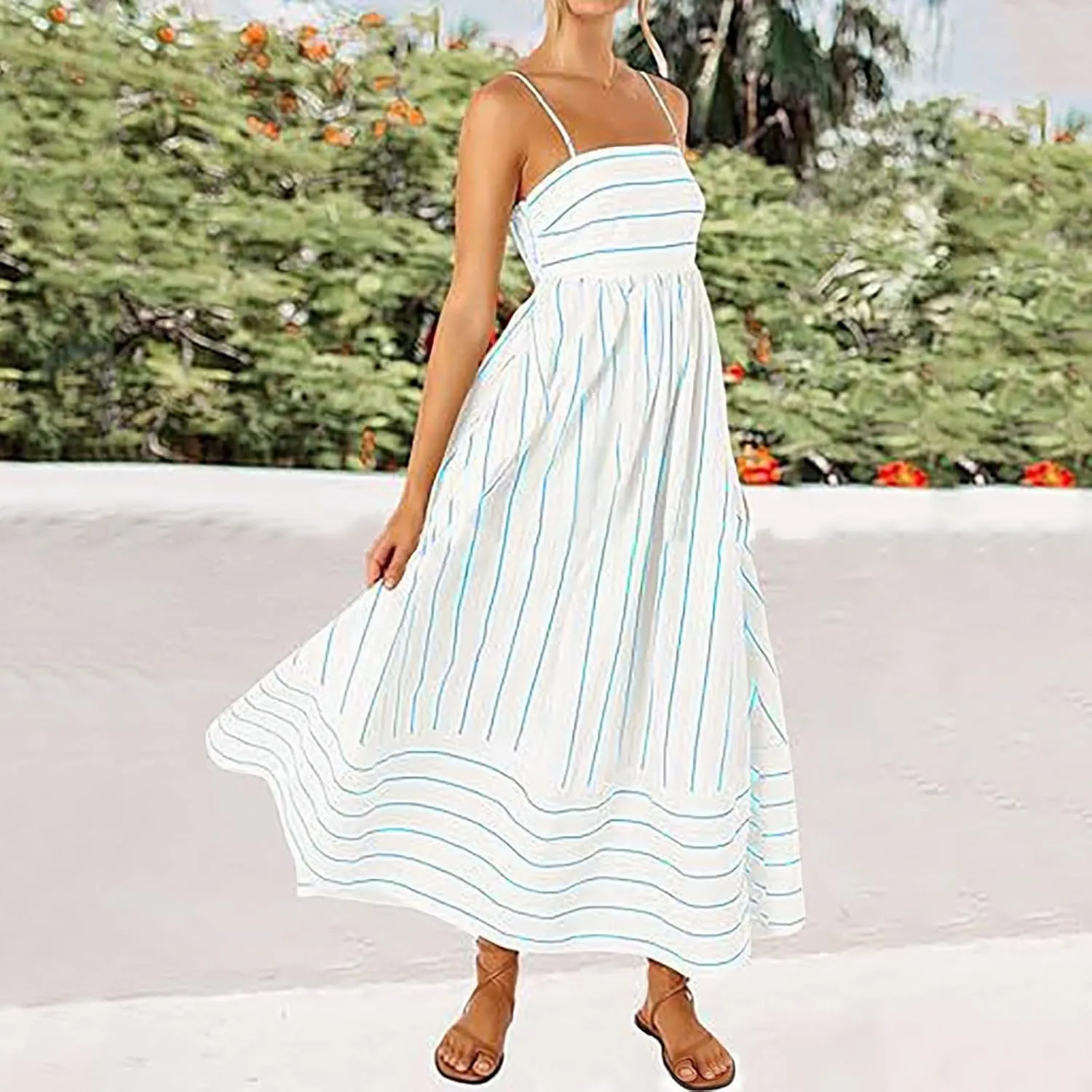 Smocked Maxi Dress for Women Striped Spaghetti Strap Smocked A-Line Long Dress Summer Cutout Swing Beach Sundress