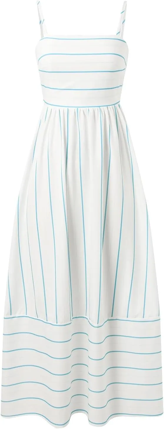 Smocked Maxi Dress for Women Striped Spaghetti Strap Smocked A-Line Long Dress Summer Cutout Swing Beach Sundress