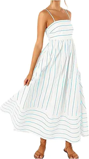 Smocked Maxi Dress for Women Striped Spaghetti Strap Smocked A-Line Long Dress Summer Cutout Swing Beach Sundress