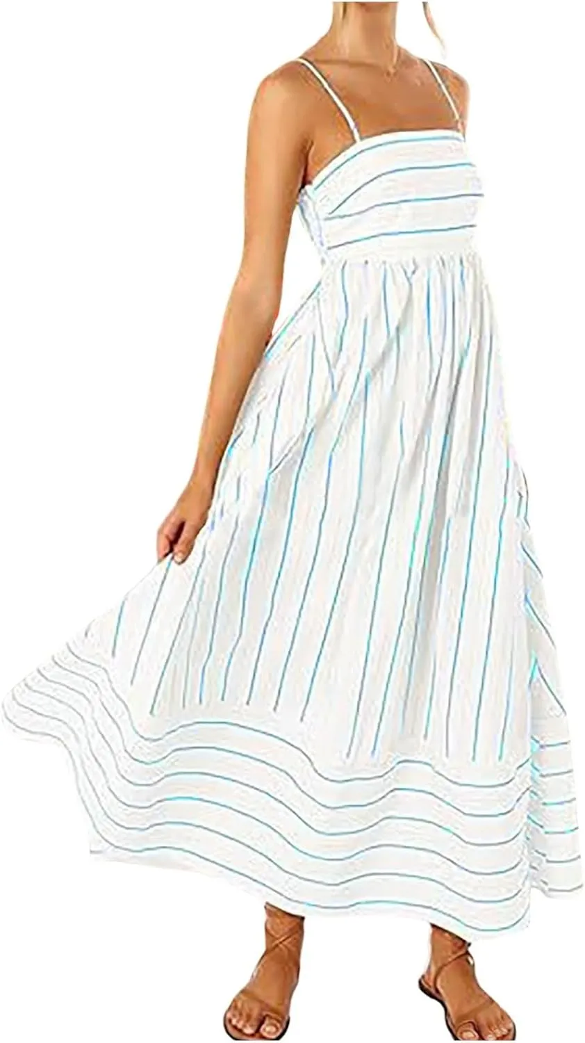 Smocked Maxi Dress for Women Striped Spaghetti Strap Smocked A-Line Long Dress Summer Cutout Swing Beach Sundress