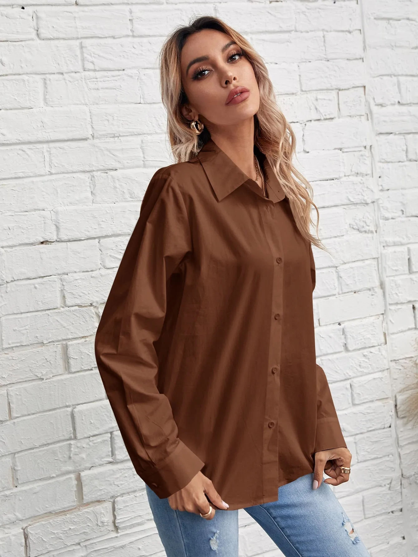 Solid Button Front Blouse