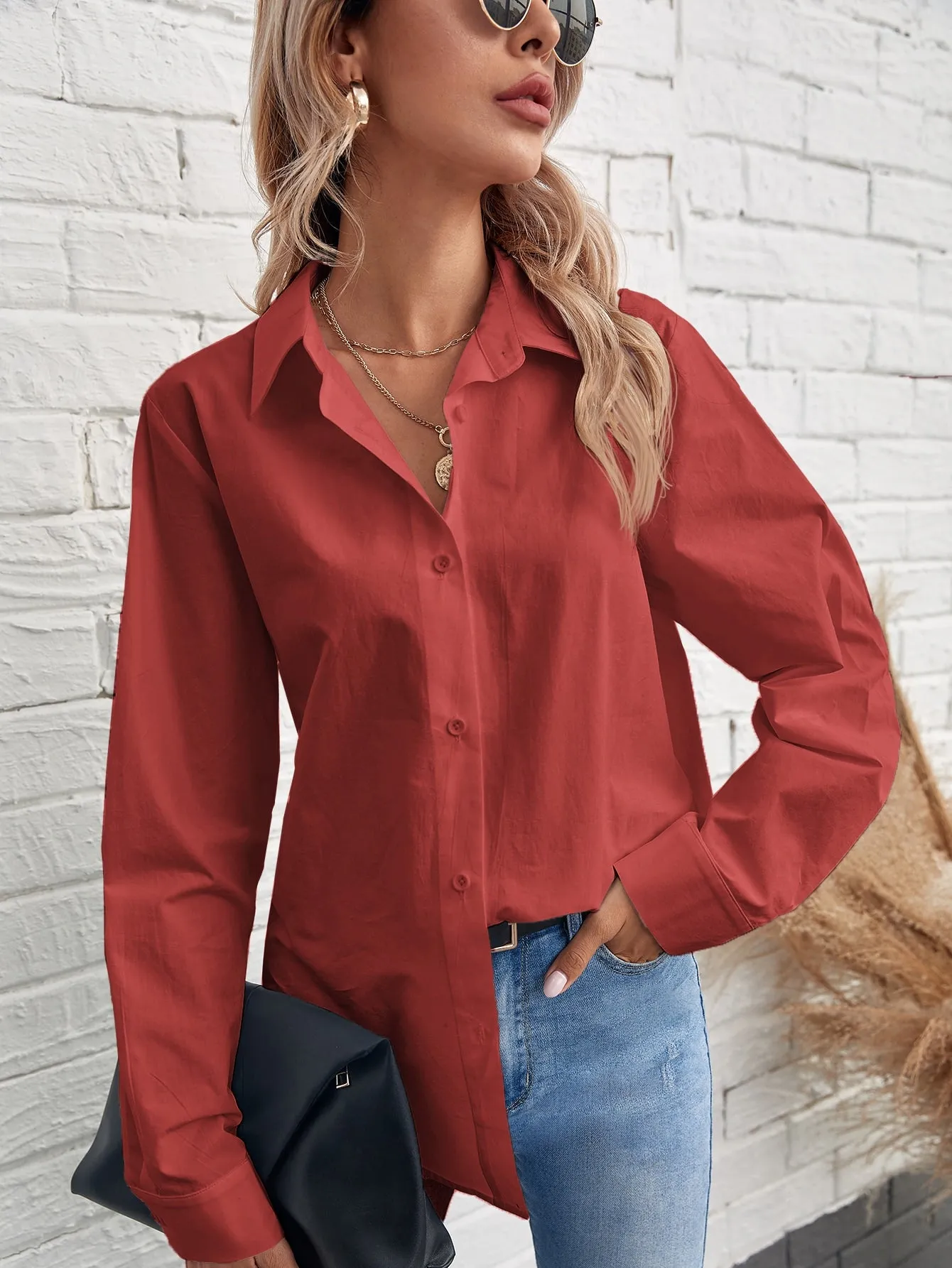 Solid Button Front Blouse