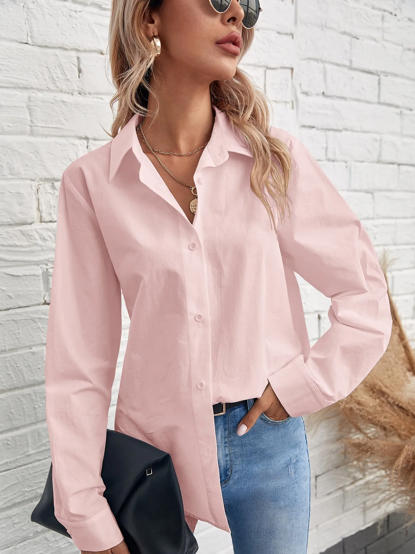 Solid Button Front Blouse