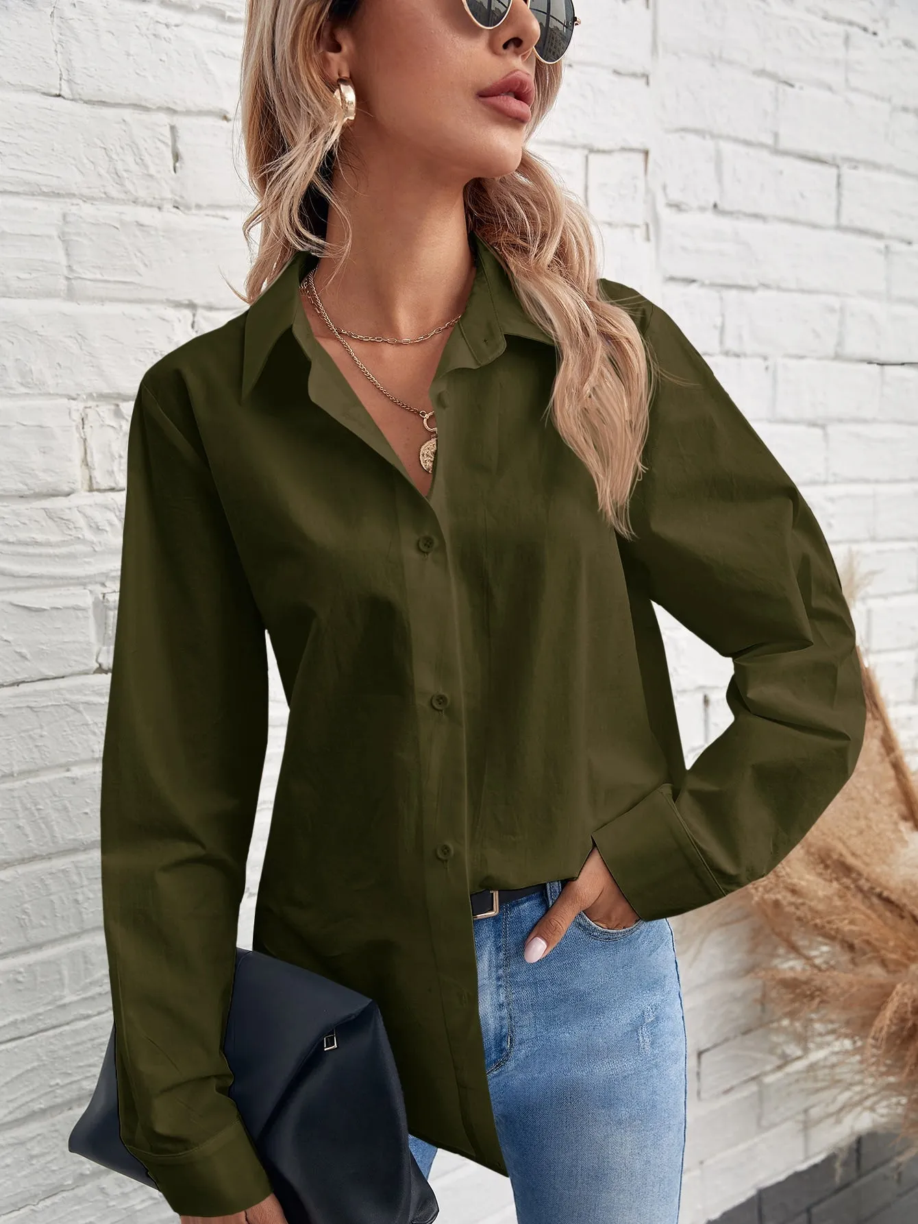 Solid Button Front Blouse
