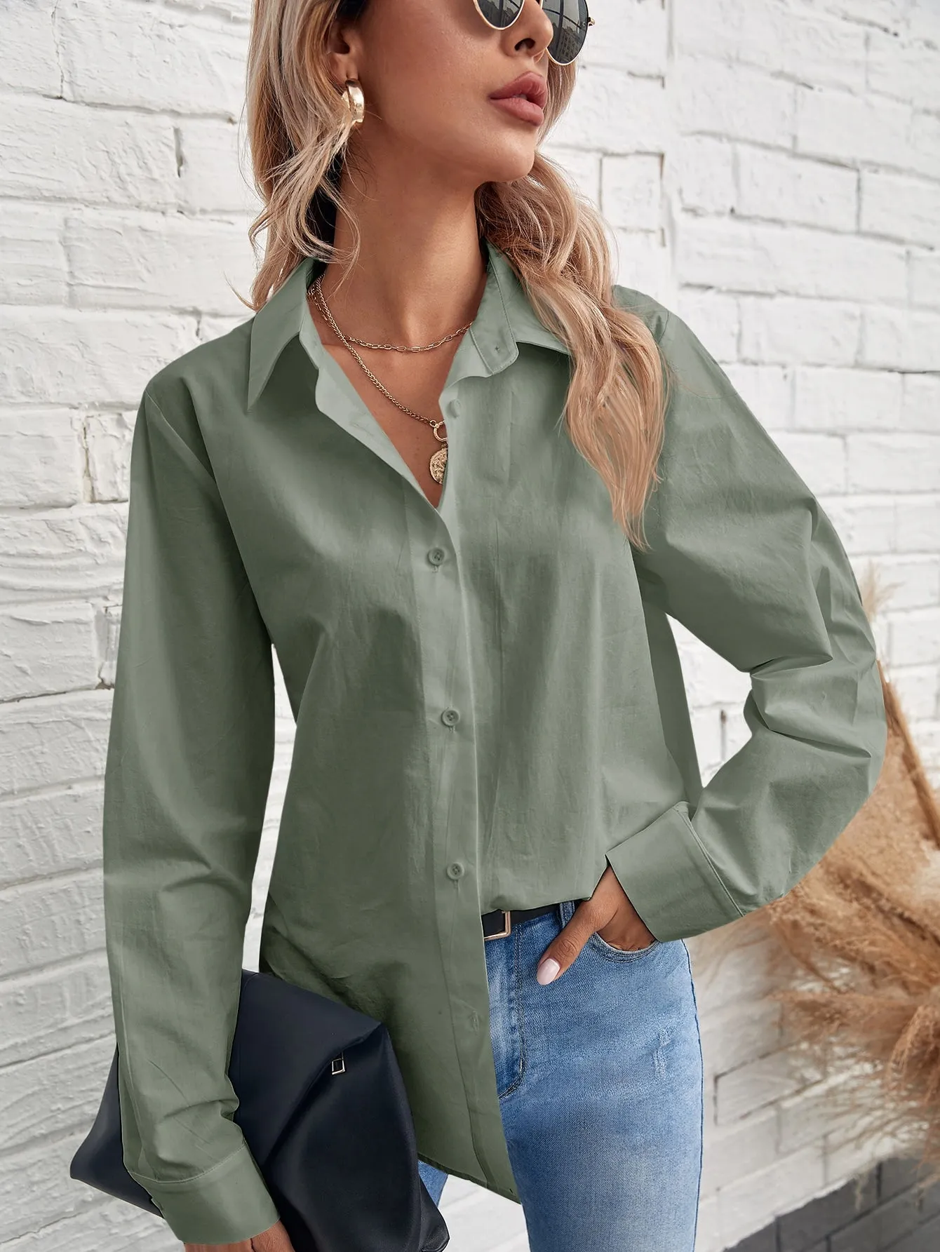 Solid Button Front Blouse