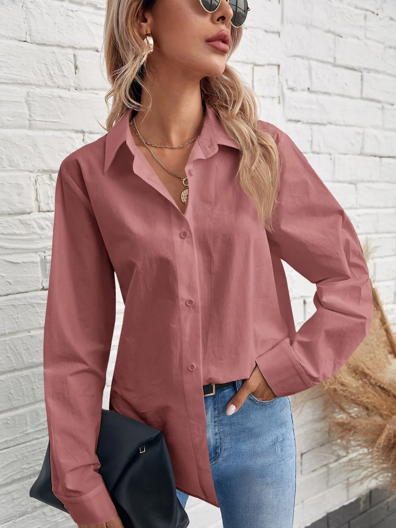 Solid Button Front Blouse