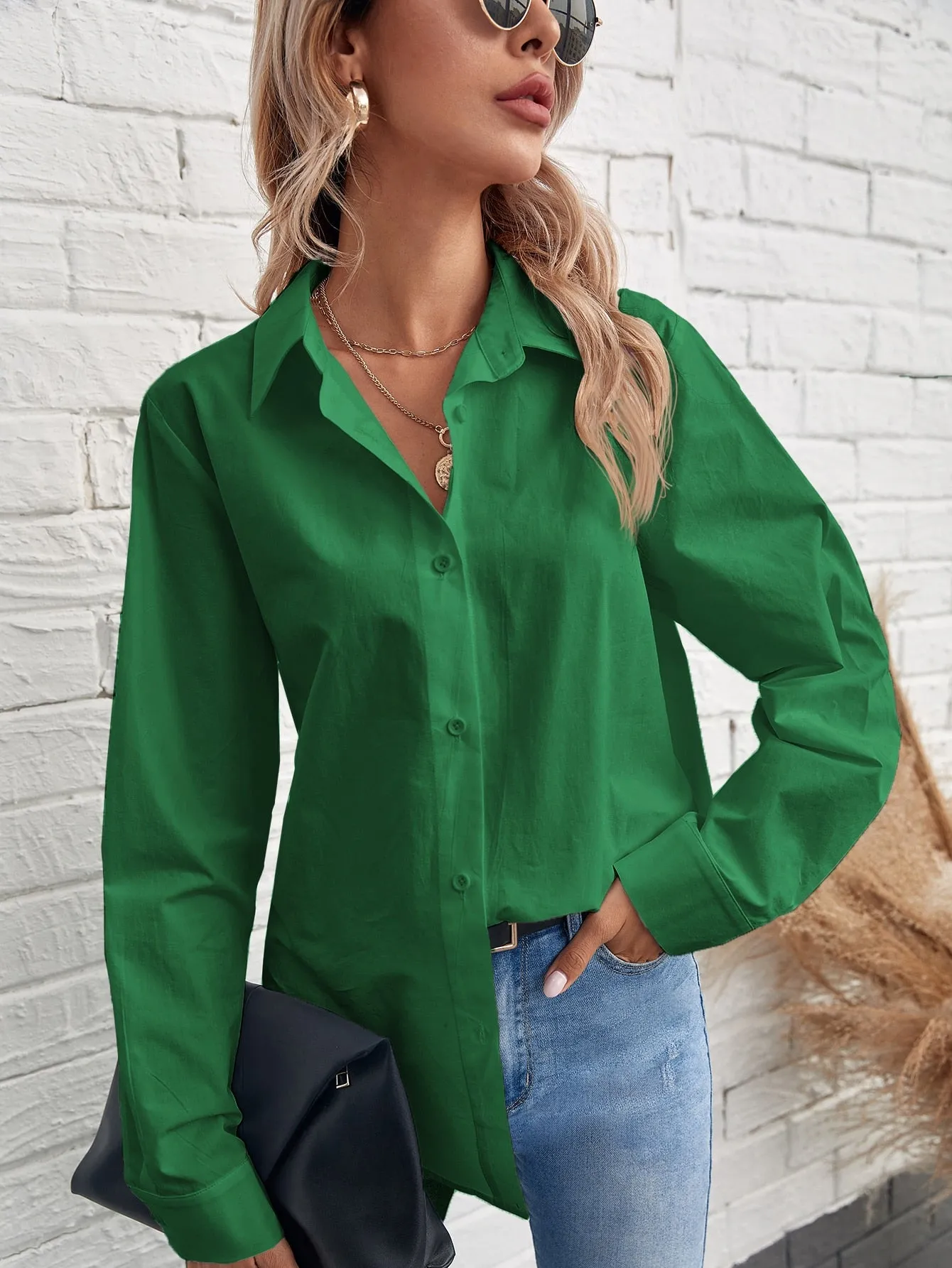 Solid Button Front Blouse