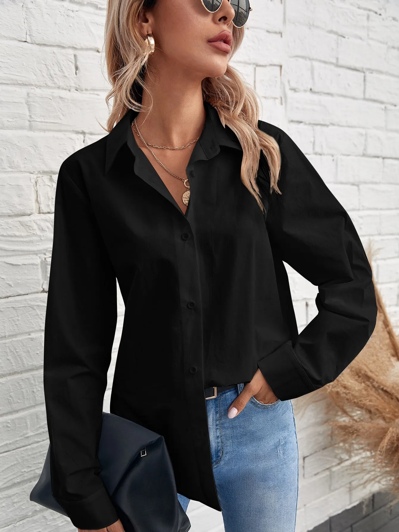 Solid Button Front Blouse