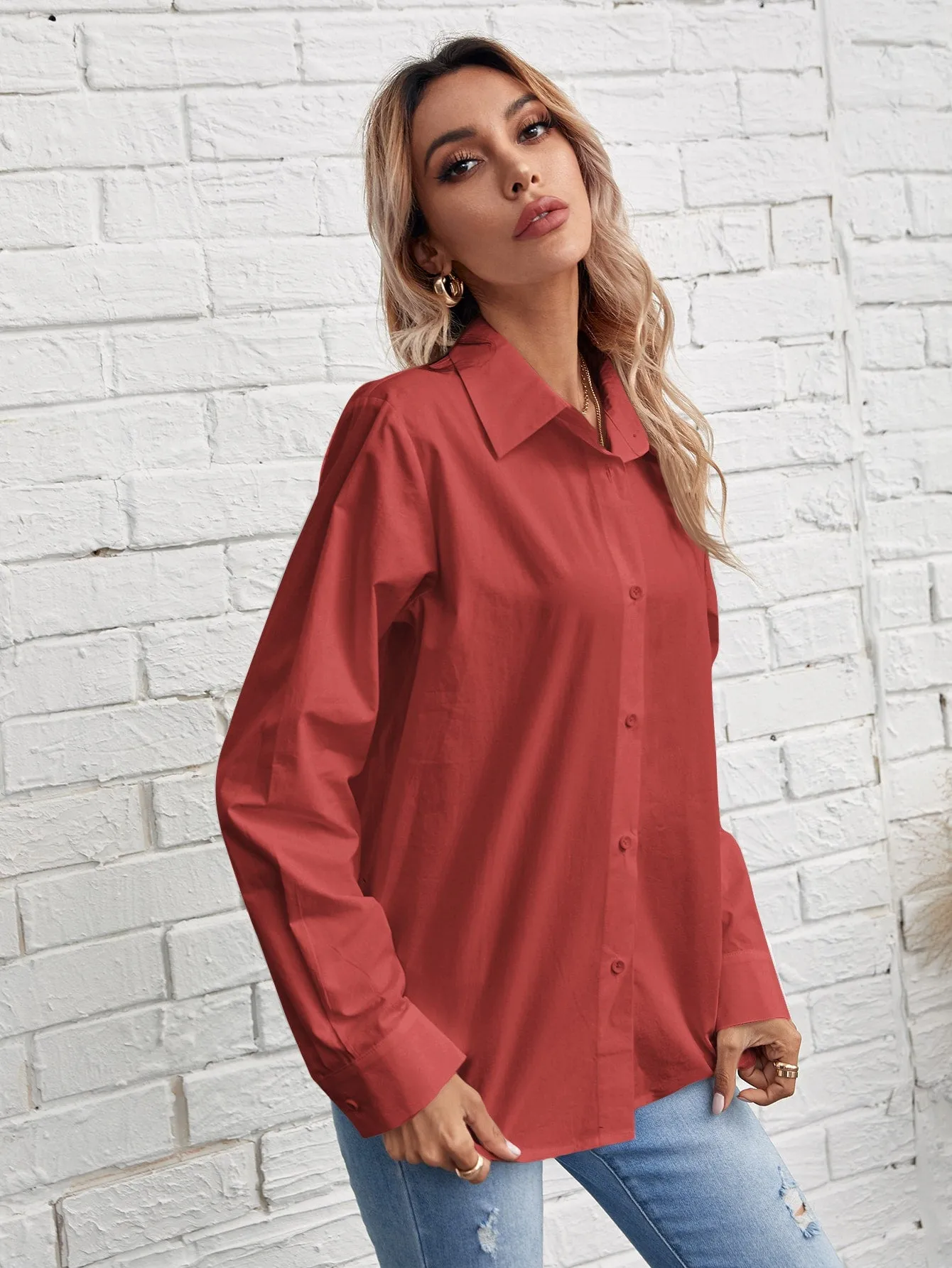 Solid Button Front Blouse