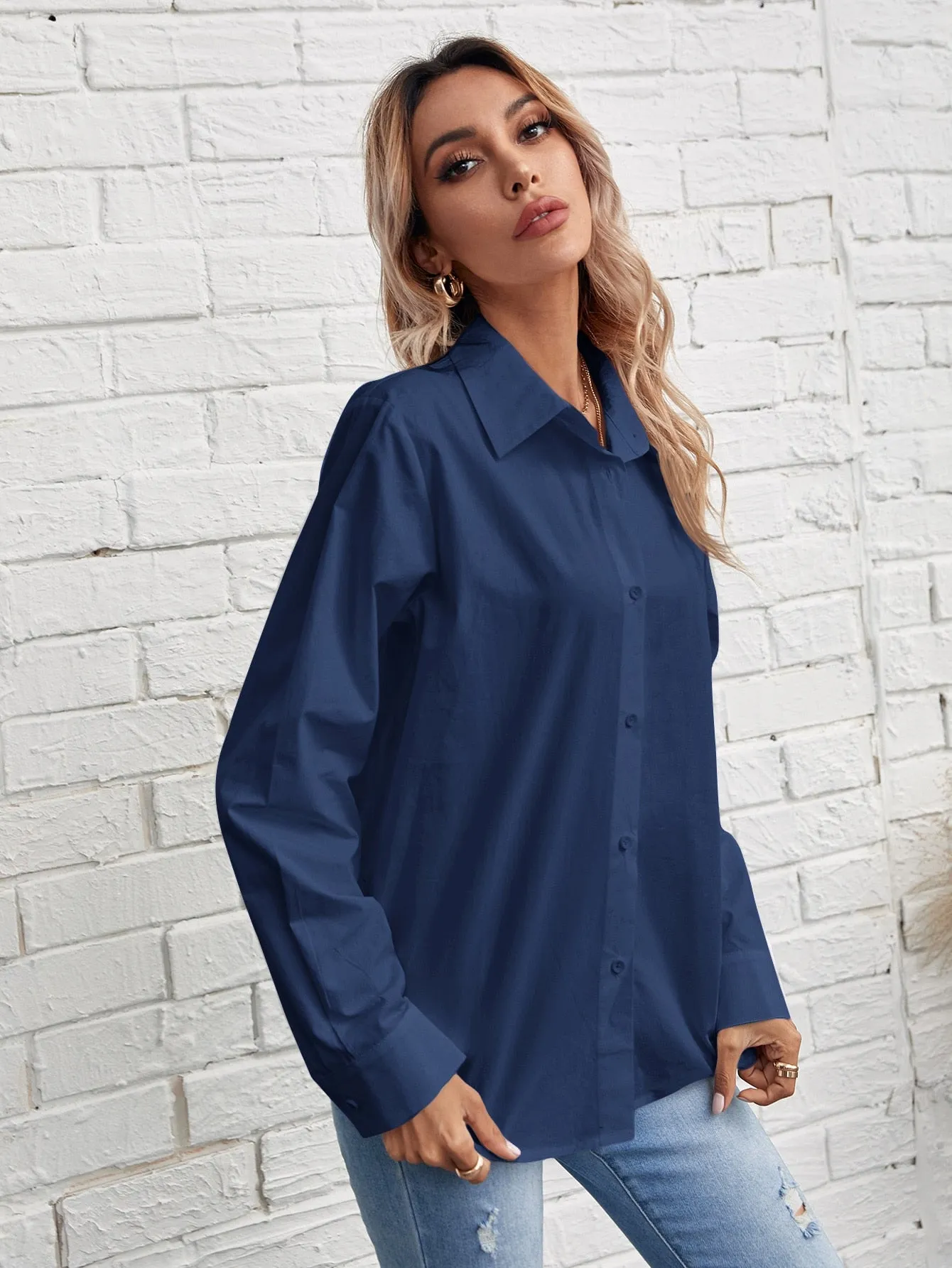 Solid Button Front Blouse