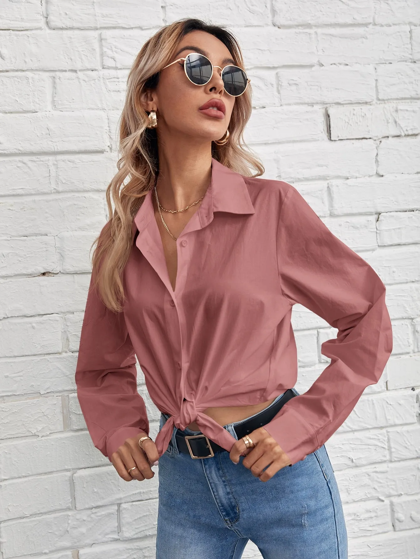 Solid Button Front Blouse