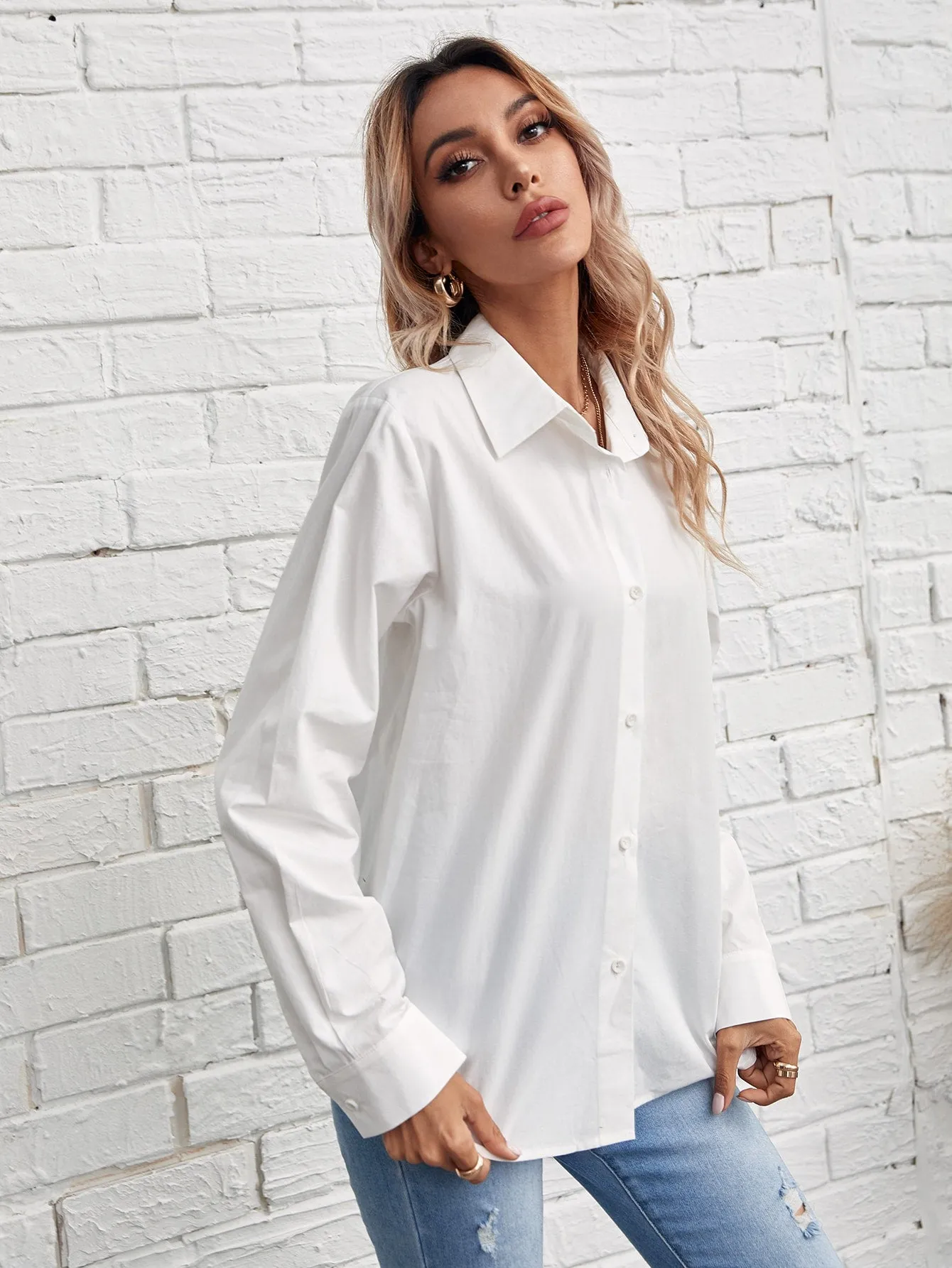 Solid Button Front Blouse