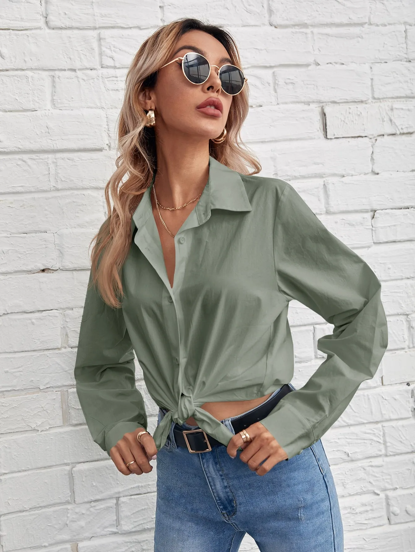 Solid Button Front Blouse