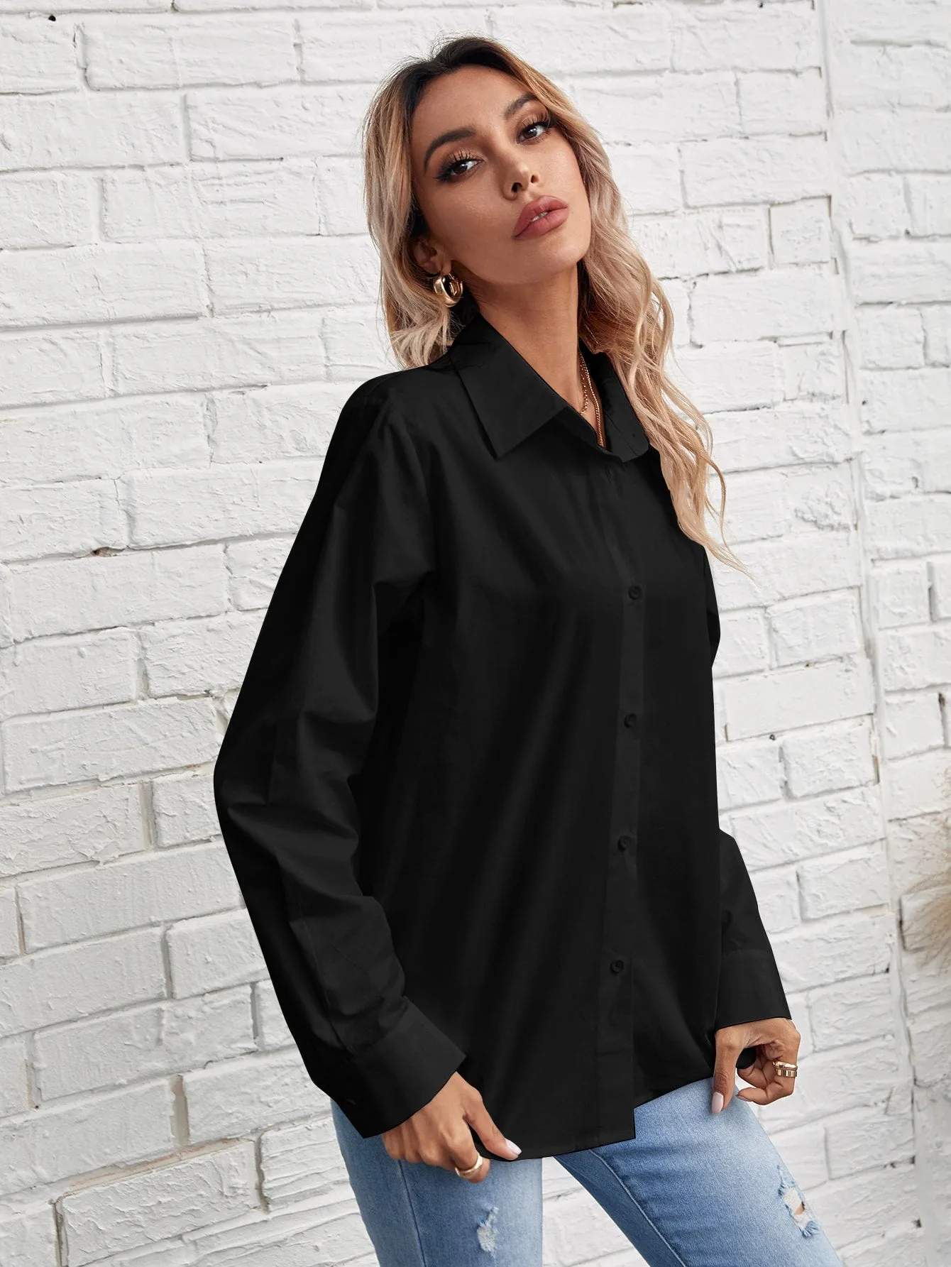 Solid Button Front Blouse