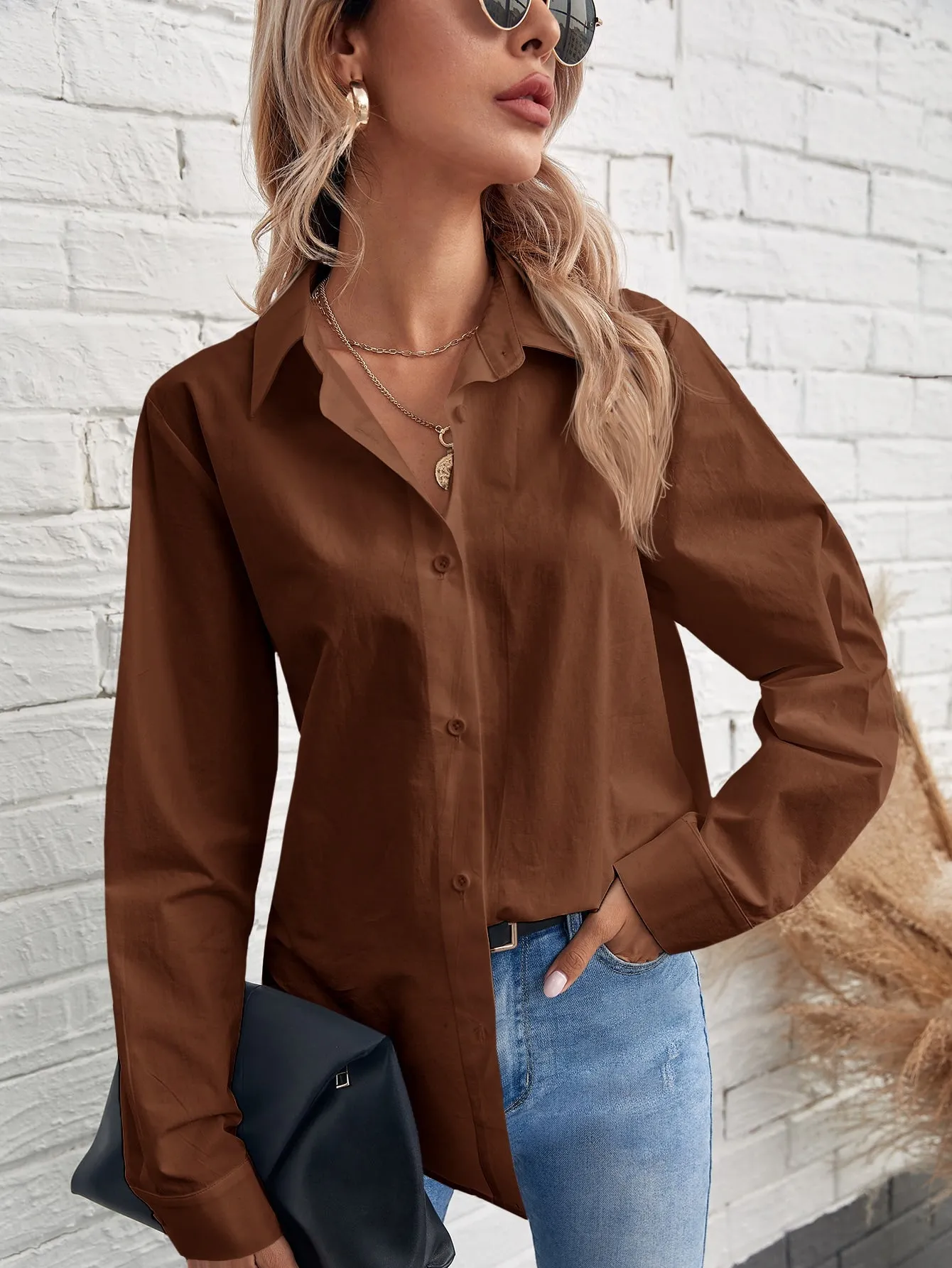 Solid Button Front Blouse